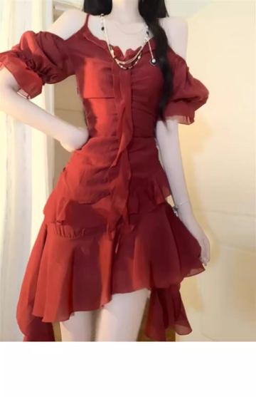 Niulatu High Low Spaghetti Straps Burgundy Ankle length Beach Dresses Birthday Outfits SD552
